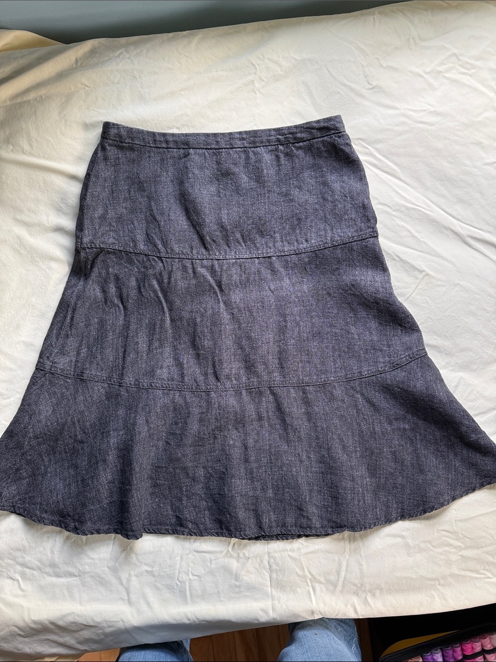 Nygårdsanna Linen Midi Skirt Sz 36 (S/6) Charcoal Grey Tiered A-Line Garment Dye